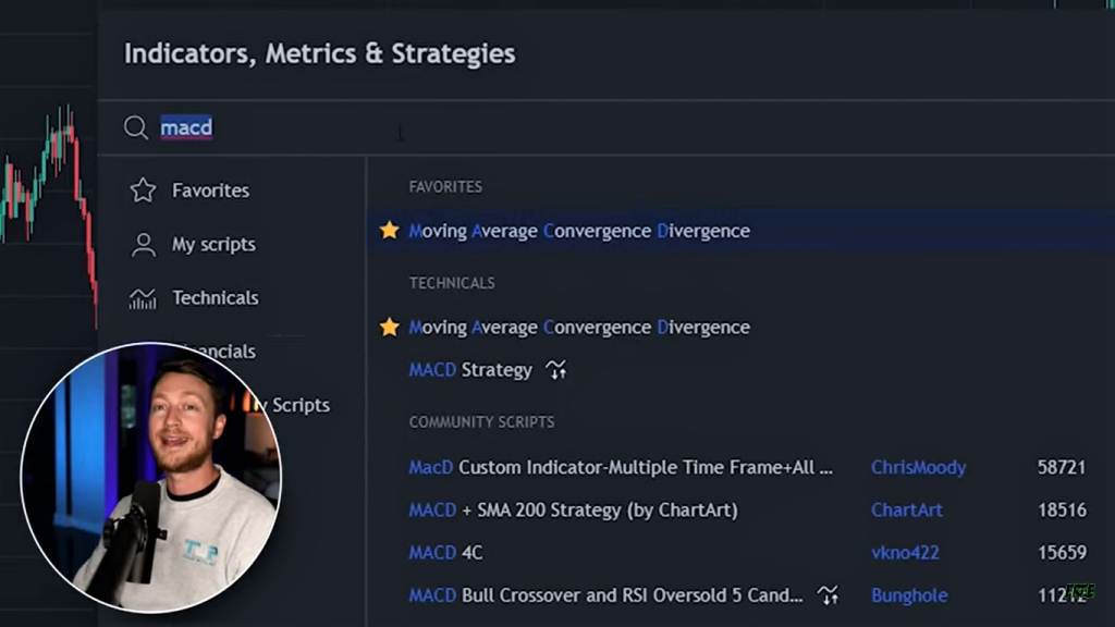 Patrick Ryan showing in a small circle at the left bottom of a screenshot showing forex learners how to install the MACD indicator for the MACD scalping strategy.